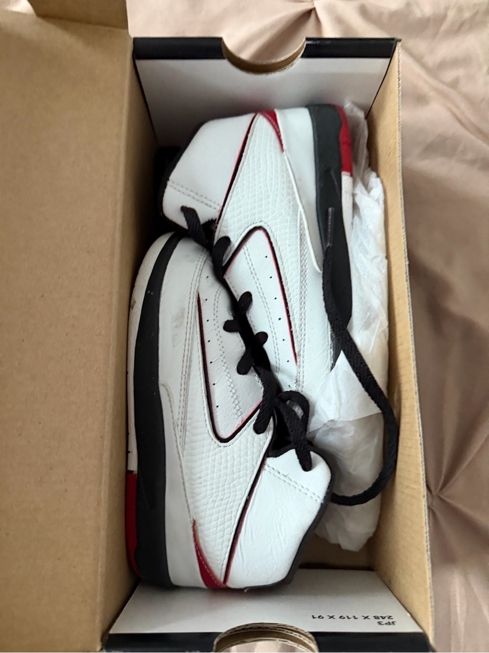 Jordan 2 Boys White Sneakers with Black Laces and Red Accents